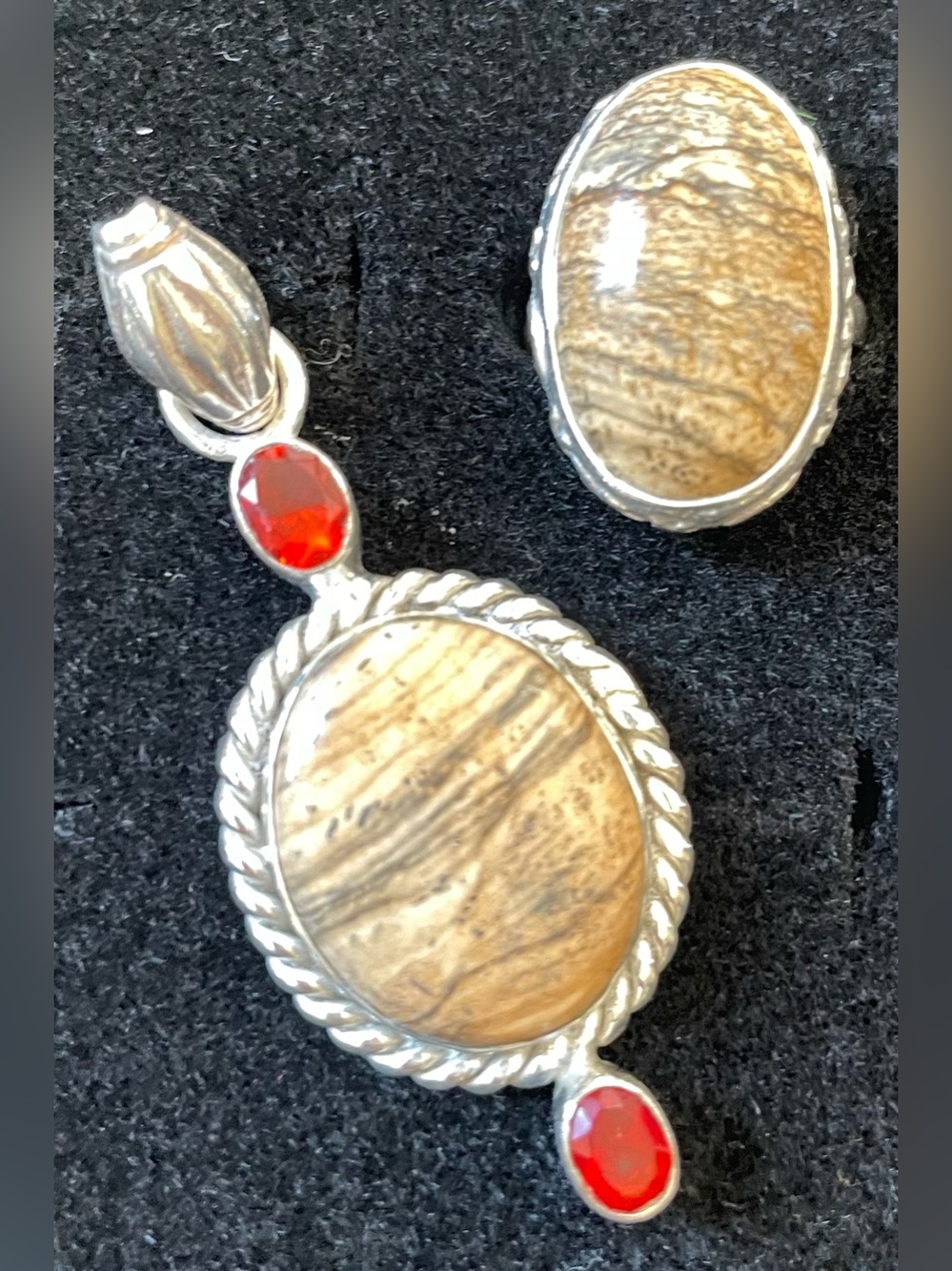 Sterling Silver Picture Jasper Pendant & Matching Ring with Red Accent Stones